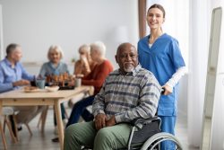 Happy man older patient on wheelchair with female nurse smiling